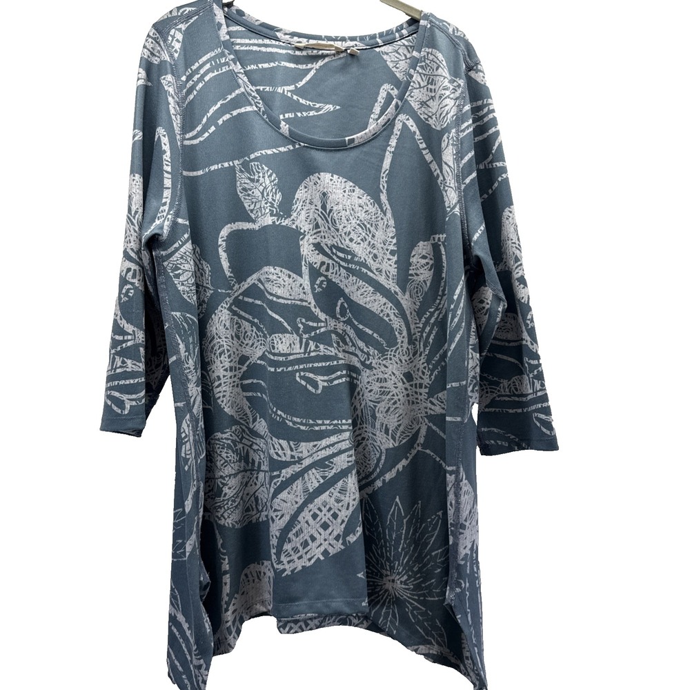 Soft Surroundings Women's Tunic Top Size XL Greenish Floral Bohemian 3/4 Sleeves